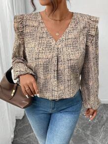 SHEIN Frenchy 加大码 V 领全印花优雅长袖衬衫，长袖图案衬衫 - 卡其色 - 查看 2