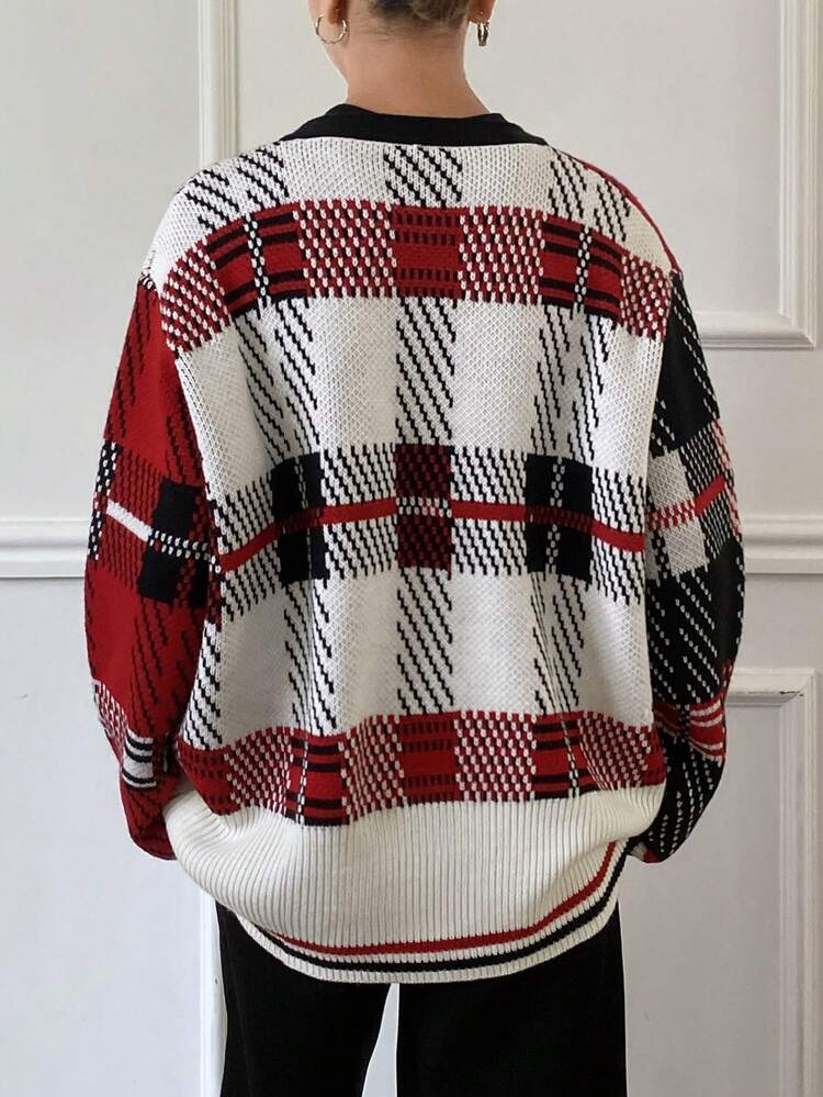 Christmas Red And Plaid Color Block Loose V-Neck Long Sleeve Cardigan For Women,Fall Women Clothes