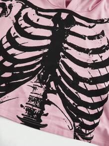 ROMWE Grunge Punk Áo nỉ trùm đầu in hình đầu lâu xương sọ cỡ lớn - Hồng - Xem 3