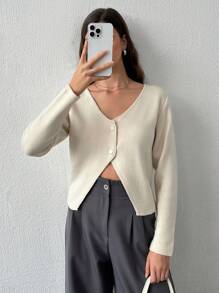 EURMUSE Women Solid Color V-Neck Front Button Drop Shoulder Cardigan - Beige - View 4