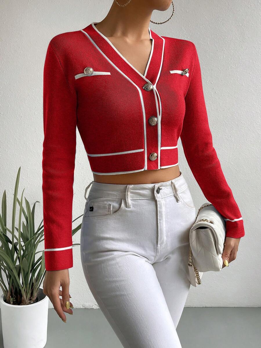 SHEIN Clasi Áo sơ mi nữ tay dài phối nút phía trước màu khối tối giản túi giả - Đỏ và trắng - Xem 1
