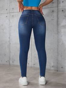 SHEIN PETITE Women Washed Distressed Skinny Fit Denim Jeans, Casual For Spring Autumn - Blue - View 2