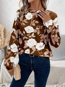 Glamance Whitebread Magliette da donna manica lunga a girocollo casual, colore marrone, con stampa floreale, tinta unita, motivi botanici, abbigliamento estivo da donna, magliette con grafica per uscite