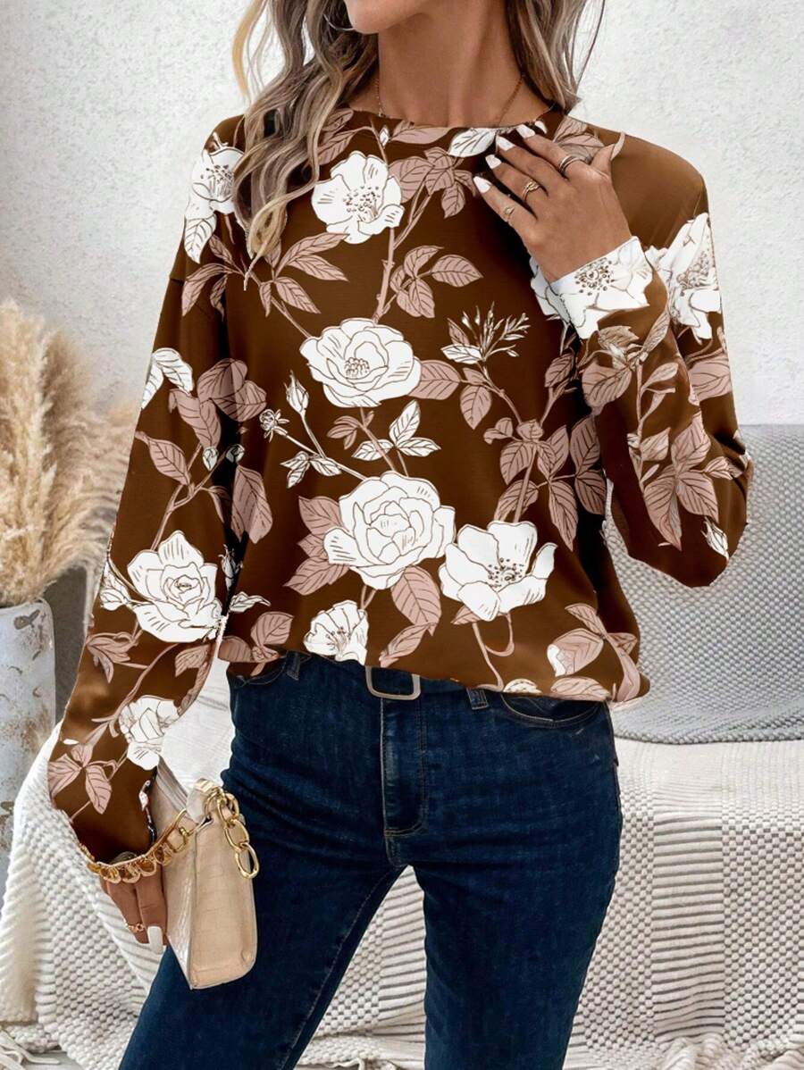 Glamance Whitebread Magliette da donna manica lunga a girocollo casual, colore marrone, con stampa floreale, tinta unita, motivi botanici, abbigliamento estivo da donna, magliette con grafica per uscite