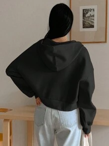 DAZY 女式短款宽松休闲羊毛连帽衫，秋季服装运动衫夹克拉链 - 黑色 - 查看 2