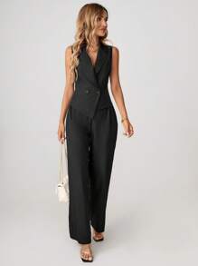 SHEIN Tall Women's Solid Color Double Breasted Simple Vest Pants Office Wear Two Pieces Set Autumn
