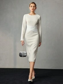 MOTF PREMIUM CONTRAST WRAP CROSS WAIST MIDI DRESS - Black and White - View 8