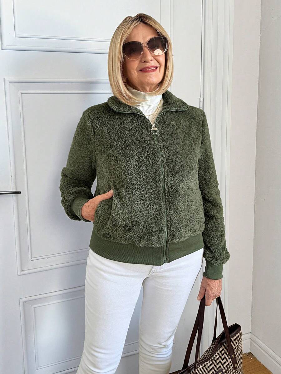 SHEIN LUNE Women Solid Color Zipper Front Long Sleeve Minimalist Furry Casual Jacket - Army Green - View 1