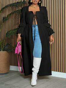 Slaydiva 大码秋季甜美休闲女式大码纯白色低胸性感加长衬衫上衣长款女式连衣裙秋装长袖 - 黑色 - 查看 3