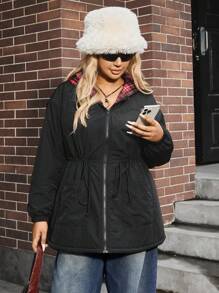 SHEIN EZwear Chaqueta casual con capucha, bolsillos y cremallera frontal, de manga larga, minimalista, talla grande para invierno