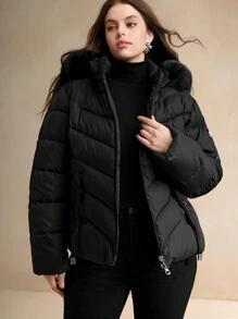 Anewsta Plus Size Women Fashion Minimalist Hooded Jacket, For Winter Fall Autumn