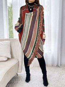 Calvaya Cárdigan casual holgado de manga larga a rayas y remiendo con flecos en el bajo para mujer de talla grande, otoño
