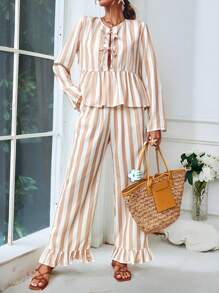 SHEIN VCAY 2pcs/Set Women's Autumn/Winter Ruffle Hem Long Sleeve Shirt And Elastic Waist Striped Palazzo Pants Vacation Outfit,Coffee Day,2pcs/Set Women Casual Tie Bow Suit,Women Fall Sets,Commuter Casual Workplace Office Style Striped,Fall Women,Office Wear Women Set,Women Tops And Straight Leg Trousers Women Clothing Sets,Vest Outfit Sets,Women Fall Sets - Multicolor - View 3