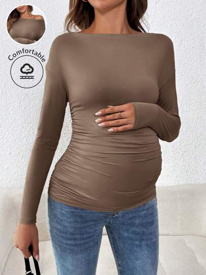 SHEIN Áo thun dài tay cổ tròn màu trơn đơn giản cho bà bầu, mùa thu