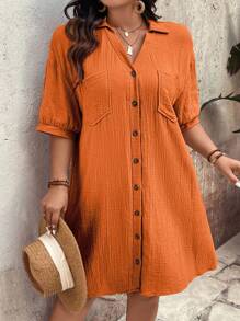 SHEIN Holidaya Vestido informal de verano de talla grande con textura lisa, bolsillo y abotonado delantero