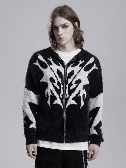 Goth Suéter tipo cardigan con cremallera, de patrones casuales para hombres, para otoño/invierno
