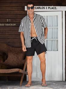 Surfspeed Men's Striped Print Front Button Short Sleeve Top And Solid Color Pocket Casual Beach Shorts Set - Black and White - View 4