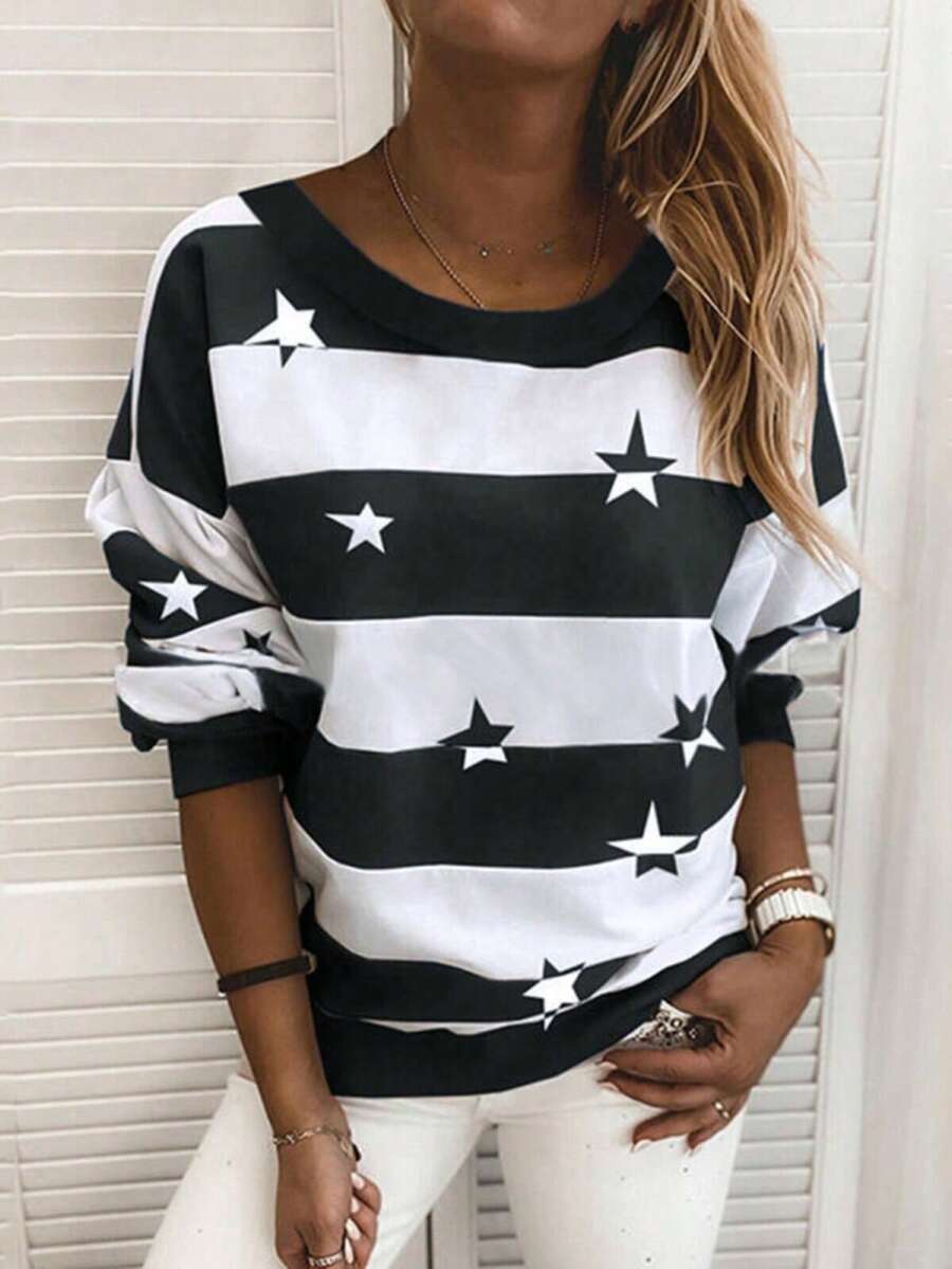 星星印花落肩袖運動衫 - 黑與白 - 查看 1