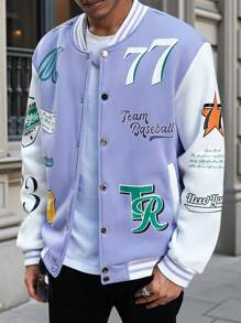 Manfinity EMRG 1pc Men's Solid Color Splicing Letter Print Front Button Casual Baseball Jacket - Multicolor - View 1