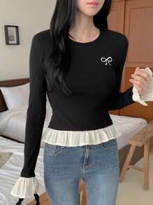 DAZY Women's Round Neck Contrast Color Butterfly Print Ruffle Hem Long Sleeve Knit T-Shirt - Black - View 2