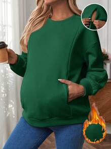 SHEIN 孕妇休闲纯色保暖内衬哺乳长袖运动衫，哺乳运动衫，秋冬季，孕妇装 - 墨綠色 - 查看 1