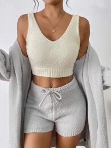 SHEIN Essnce Women's Light Grey Plush Thickened Three Pieces Suit,Warm Woolen Sweater,Autumn Casual Lounge Home Clothing,Winter Sweater Set - Multicolor - View 3