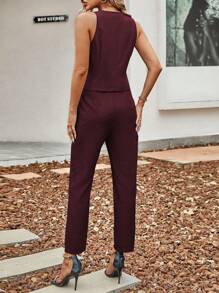 EMERY ROSE Bộ đồ vest nữ màu trơn cài nút phía trước không tay và quần dài, phong cách tối giản - Màu Đỏ Sâu - Xem 2