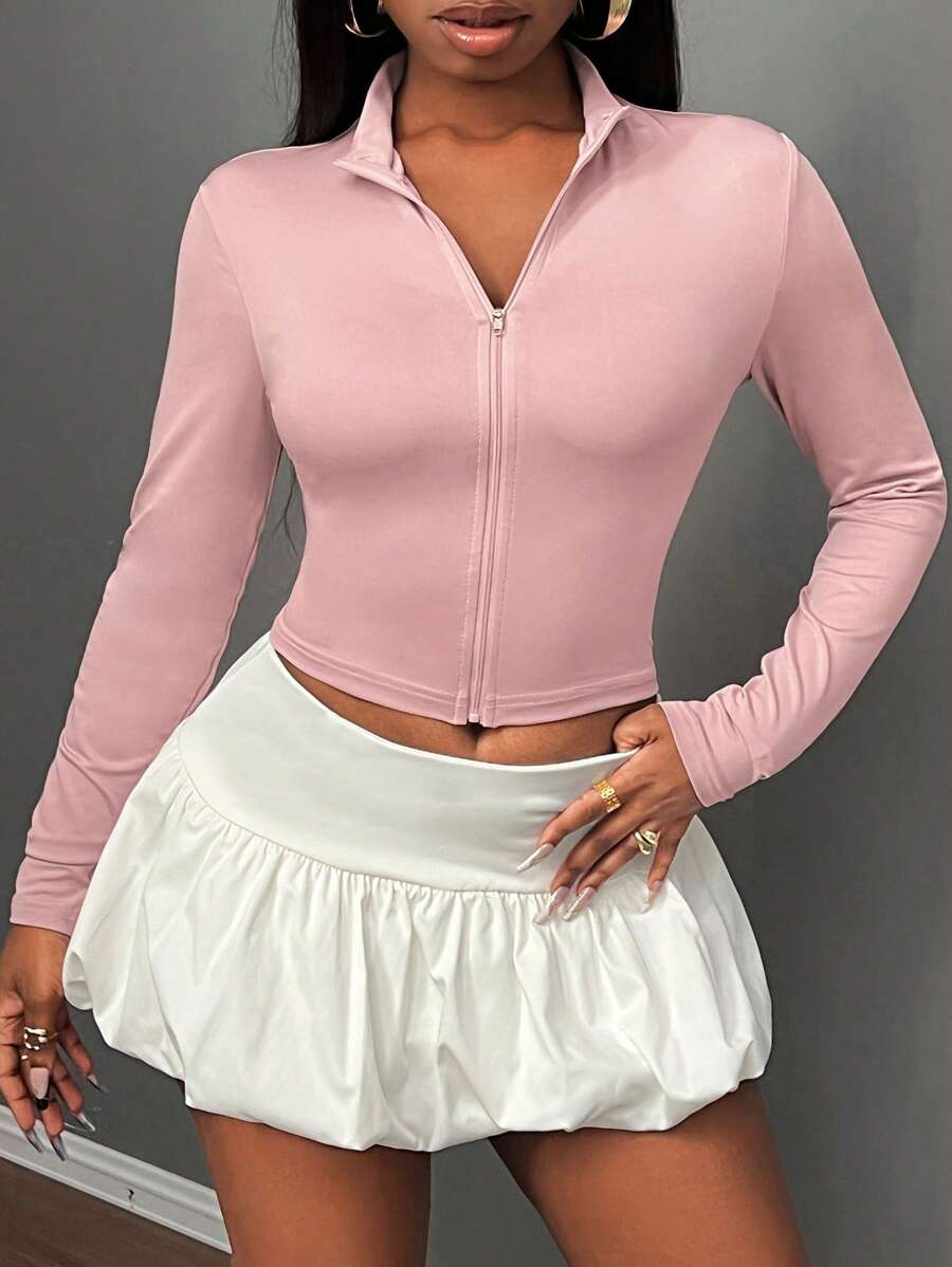 Slaydiva Casual Basic Zip Mock Neck Long Sleeve Tight Stretchy Jacket Top For Women -E In Fall/Winter - Pink - View 1