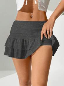 Muchica Váy mini xếp nếp lưng thấp màu trơn gợi cảm - Màu xám đen - Xem 3