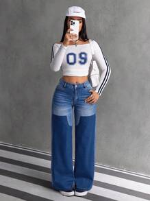 SHEIN EZwear Women's Fashionable Distressed Two-Tone Patchwork Wide Leg Jeans - Blue - View 4