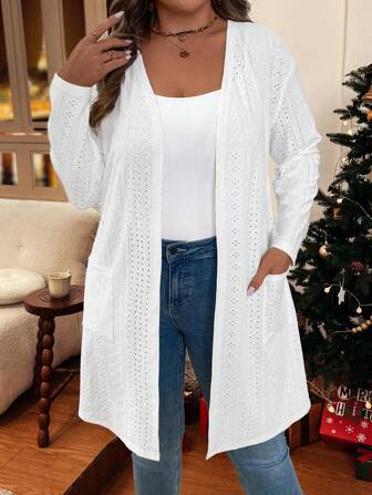 SHEIN VCAY Plus Size Casual Hollow-Out Embroidered Dual Pocket Front Cardigan For Autumn Winter Fall