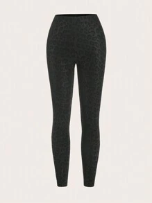SHEIN EZwear 2pcs Set Novelty Leopard Pattern Knit Leggings And Sports , Autumn - Black - View 6