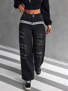 SHEIN EZwear Quần Jeans Ống Rộng Túi Sọc Cho Nữ Kiểu Dáng Thường Ngày Rộng Rãi - màu đen - Xem 5