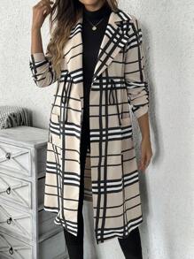 SHEIN Maternity Casual Plaid Pattern Drawstring Waist Long Sleeve, Jacket For Autumn - Khaki - View 1