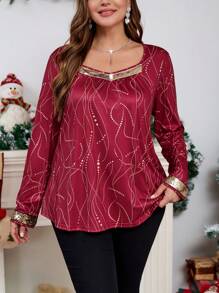 SHEIN Clasi 大码休闲圣诞优雅撞色亮片长袖宽松 T 恤，圣诞女装 - 酒紅色 - 查看 5