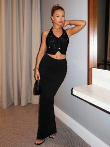 SHEIN BAE Women's Sexy Backless Sleeveless Sequined Halter Vest For Night Party, Birthday Party, Cocktail Party, Elegant Glamorous Evening, Suitable For Autumn/Winter - Black - View 1