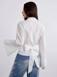 SHEIN EZwear Casual Solid Color Woven Turndown Collar Long Sleeve Fitted Women Shirt - White - View 2