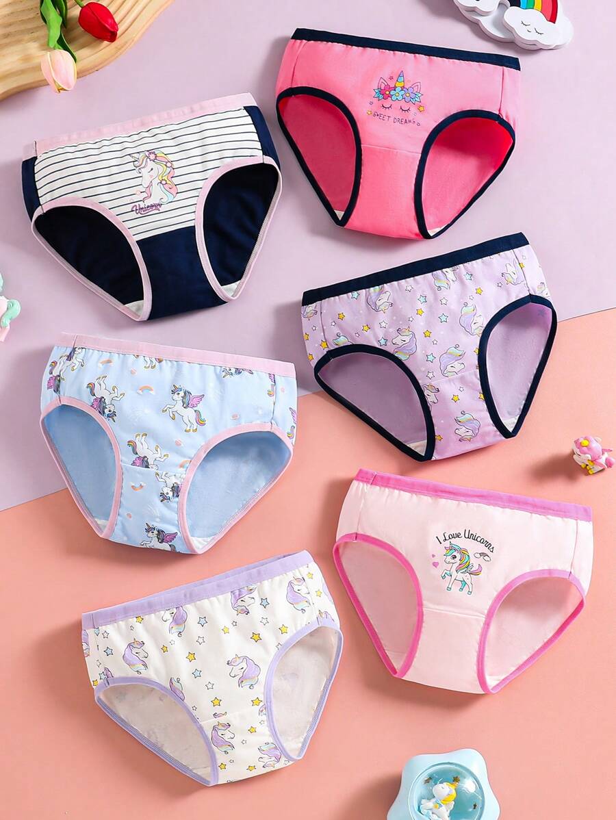Young Girl 6pcs Organic Cotton Cute Unicorn Heart & Scale Print Underwear - Multicolor - View 1