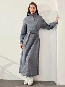 Veilorie Casual Floral Printed Ruffle Hem Open Front Cinched Waist Waist Modest Long Sleeve Long Dress, Autumn/Winter - Dark Grey - View 2