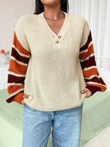 Flirla Große Größen Beliebter Pullover für Damen mit Farbblockstreifen und Knöpfen, Rundhalsausschnitt und Langarm, geeignet zum Layering oder als Oberbekleidung, für Zuhause und Outdoor-Anlässe