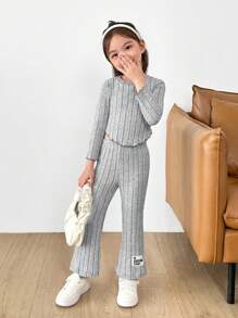 SHEIN Leap Crew Cô Gái Trẻ Dệt kim Màu thuần Vòng cổ Phù hợp Giải trí Áo Và Dệt kim Màu thuần Phù hợp Bùng nổ Quần Bộ - Xám - Xem 1