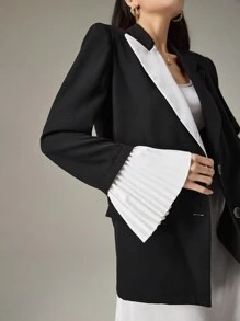 Modelyn 女士拼色缺口领长袖单排扣休闲西装外套，适合办公室穿着