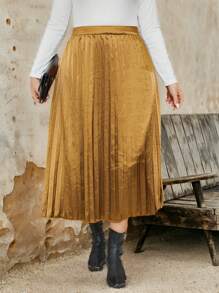 Plus Size Elastic Waist Pleated A-Line Skirt, Casual Everyday Wear, Autumn Fall Cloth For Women - Gold - View 6