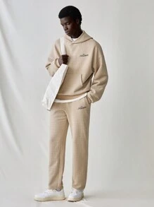 Manfinity VCAY 2 件套年轻男士休闲针织面料宽松长袖连帽衫和直筒抽绳腰裤套装，适合秋冬 - 杏色 - 查看 4