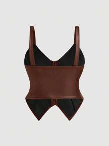 SHEIN MOD 大码棕色PU皮革极简修身上衣 - 棕色 - 查看 2