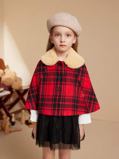 PrepCrw Young Girls Autumn/Winter Oxford School Style Plaid Imitation Wool Warm Brown Fur Collar Cape Coat