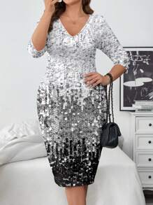 SHEIN Clasi 休闲简约大码连衣裙，V 领，半袖 - 彩色 - 查看 4