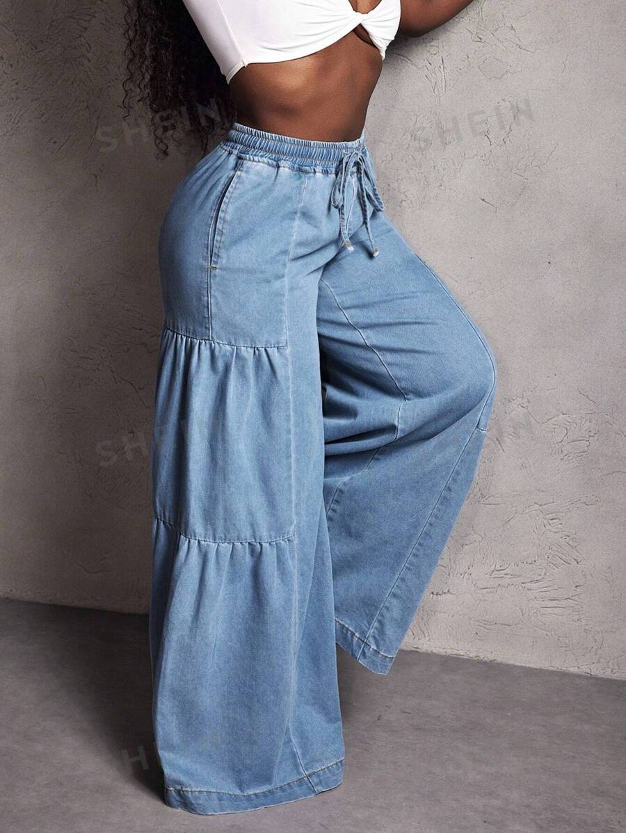 Slaydiva Jeans anchos de pierna ancha, cuello de barco, holgados y versátiles para mujer, primavera otoño