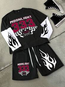 Manfinity EMRG 1set Men's Solid Patchwork Round Neck Long Sleeve Letter Print Casual Top And Pants Set