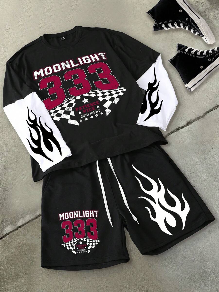 Manfinity EMRG 1set Men's Solid Patchwork Round Neck Long Sleeve Letter Print Casual Top And Pants Set